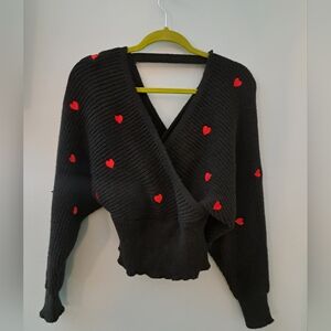 SHEIN Black V-Neck Sweater with Red Heart Details